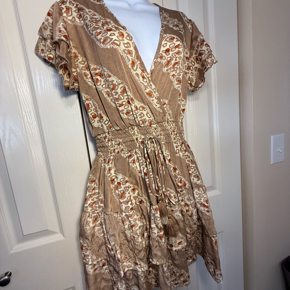 Tan Flutter Sleeve V-Neck Sundress